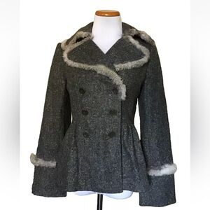CYNTHIA STEFFE wool tweed Peplum coat rabbit fur trim size 4